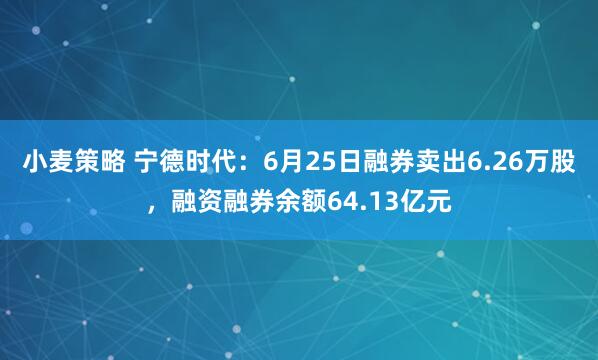 小麦策略 宁德时代：6月25日融券卖出6.26万股，融资融券余额64.13亿元